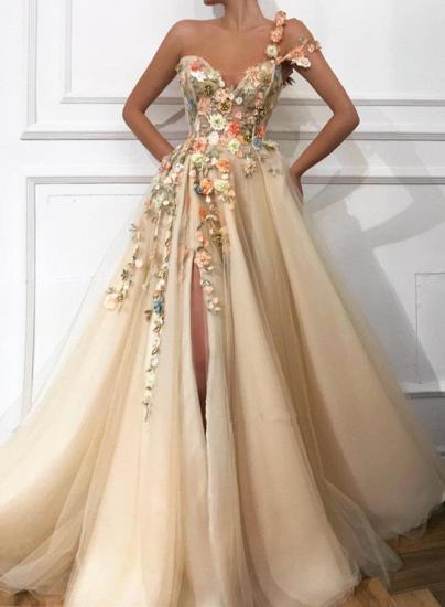 Gorgeous One Shoulder Long Split Prom Dress With Flowers Appliques