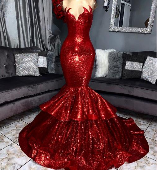 Sparkly Hot Red Mermaid Prom Dress with Ruffles | Elegant Evening Gowns with shining details_3