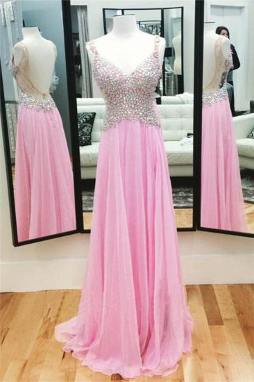 A-Line Pink Chiffon Crystal 2022 Prom Dress Spaghetti Strap Backless Evening Gown