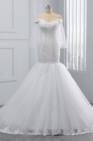 TsClothzone Wunderschönes schulterfreies Hochzeitskleid aus Tüll mit Herzausschnitt, weiße Meerjungfrau-Spitzenapplikationen, Brautkleider online