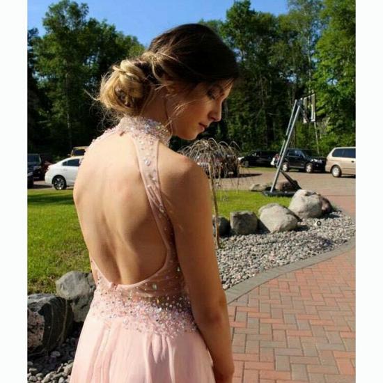 2022 Sequins Halter Prom Dresses With Slit Chiffon Backless Evening Gowns_3