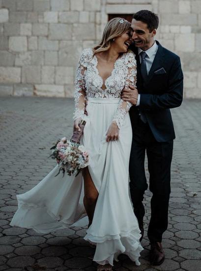 Charming Long Sleeve Lace Applique Front Split Bridal Gowns|Long V-Neck Wedding Dress_2