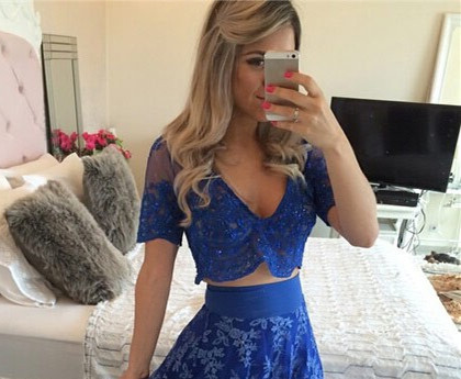 Blue Short Sleeve Two Pieces Prom Dress V-Neck Lace Floor Length Formal Occasion Dress_3