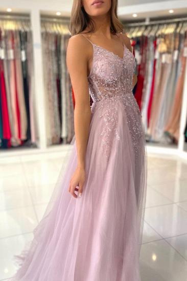 Luxurious Pink Spaghetti Strap Glitter Split Long Evening Dress | Glitter Spaghetti Strap Prom Dress_5