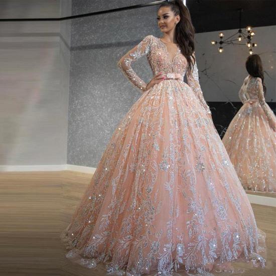 Princess Pink Long sleeves A-line High waist Lace Belt Wedding Dress_2