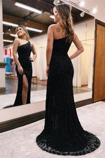 Elegant Black Asymmetrical One Shoulder A-line Prom Dress with Sequins_2