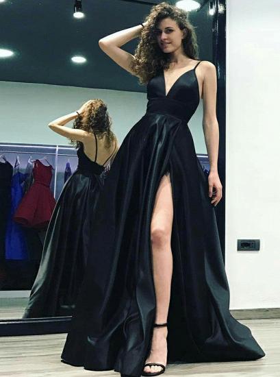 Simple Black Spaghetti Straps Prom Dresses | Side Slit Sleeveless Evening Dresses 2022_1