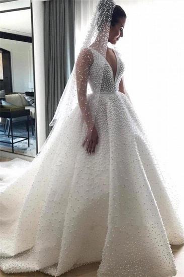 V-Ausschnitt, ärmelloses, mit Perlen verziertes königliches Prinzessinnen-Hochzeitskleid online | Luxus-Ballkleidkleider für Hochzeiten_1