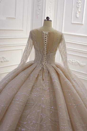 Glänzendes Duchesse-Tüll-Juwelen-Hochzeitskleid mit langen Ärmeln und Rüschen_5