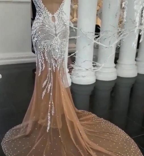 Glamorous Crystal Mermaid Nude Tüll Abendkleider | 2022 Ärmelloses Abschlussballkleid mit offenem Rücken_1