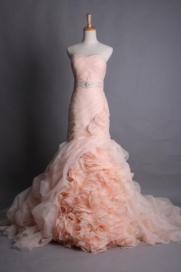 Elegante Schatz-Rosa-Organza-Brautkleider-Rüsche-abgestufte Blume Einzigartige Hüllen-Hochzeits-Kleider mit Perlenstickereien