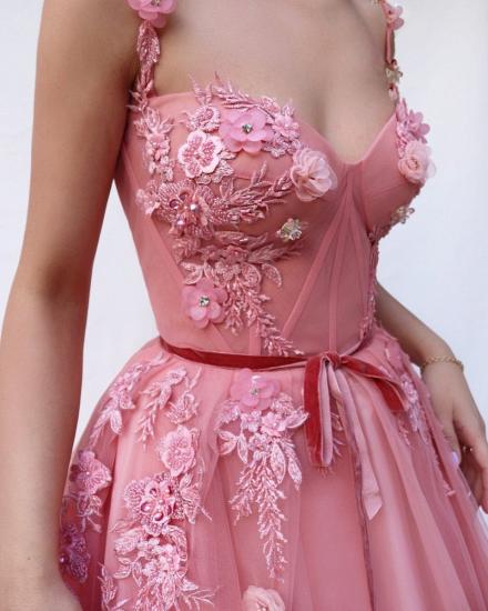 Pink Gorgeous A-line Spaghetti Tulle Flower Applique Prom Dresses_3