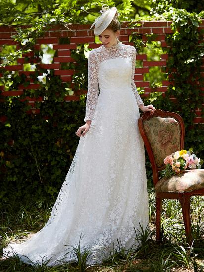 Illusion A-Line Wedding Dress Floral Lace Long Sleeve Bridal Gowns Court Train_8