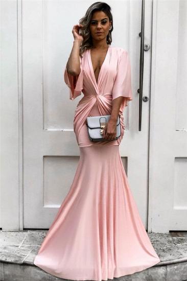Chic Half Sleeves Deep V-neck Pink Evening Dresses | Sexy Mermaid Formal Dresses with Pleats_2