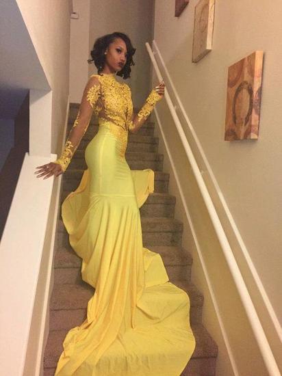 Glamorous High-Neck Yellow Long-Sleeve Lace Appliques Mermaid Prom Dress