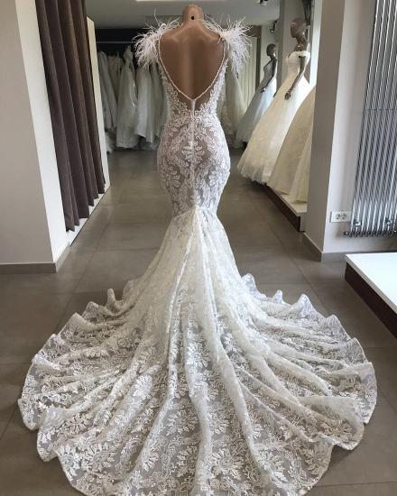 Fit and Flare Lace Crystals Necklace Wedding Dresses | Open Back Bridal Gowns with Feather_1