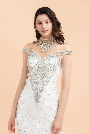 Sparkle High neck Mermaid Silver Beaded White Wedding Dress_7