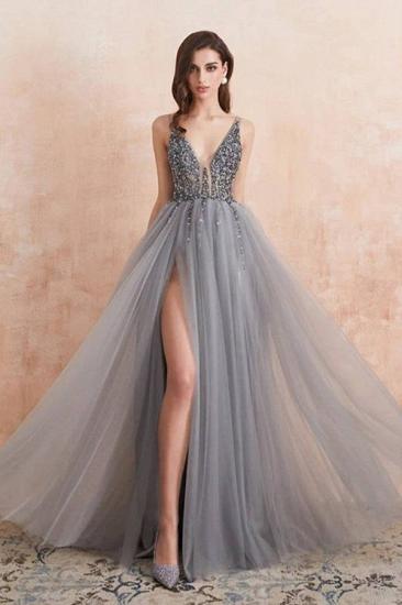 Elegante Perlen mit V-Ausschnitt Tüll Prom Kleid Side Split Luxus Eveing Party Kleid