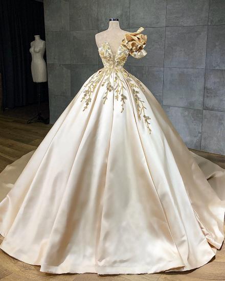 Luxury Short Sleeves Gold Crystals Satin Evening Dress Sweetheart Aline Prom Dress_2