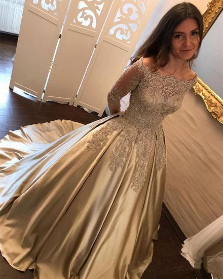 Long Sleeve Gold Lace Appliques Prom Dress 2022 Elegant Puffy Formal Evening Dress_3