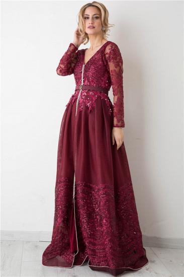 Burgundy Long Sleeve Evening Dress 2022 V-neck Beads Lace Appliques Popular Prom Dresses_2