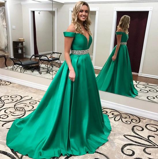 Green Gorgeous Off-the-Shoulder Evening Gowns 2022 Crystals Belt Popular Prom Dress_1