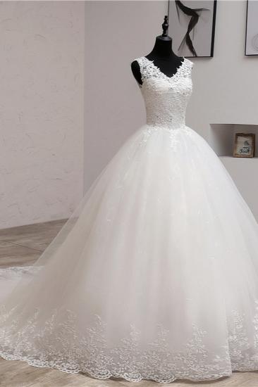 TsClothzone Ball Gown V-Neck White Tulle Wedding Dresses Sleeveless Lace Appliques Bridal Gowns with Beadings_4