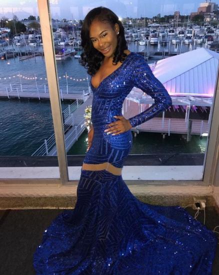 Sexy Deep-V-Neck Royal Blue Prom Dresses 2022 Mermaid Long Sleeves Evening Gowns_3