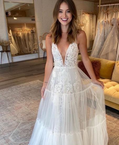 Spaghetti Straps Tulle A-line Wedding Dresses | Deep V-neck Pleated Bridal Gowns_2