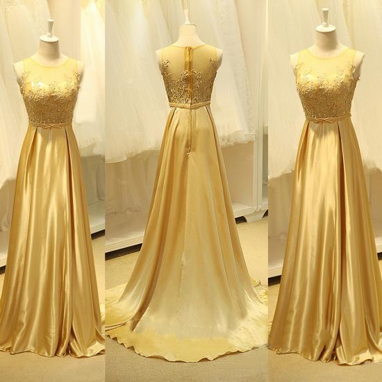 Elegante Gold-Seiden-Chiffon- lange Abendkleider Sweep Train Sheer Top Beads Beliebte Ballkleider_2