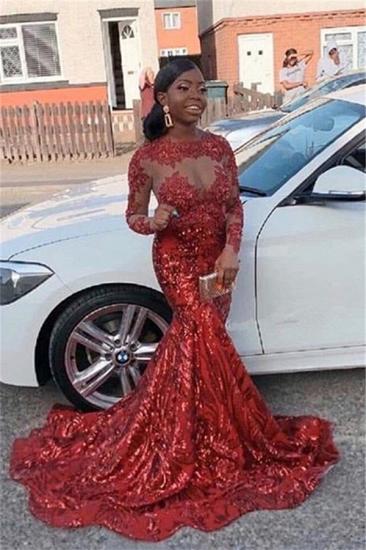 Sparkling Sequins Appliques Red Prom Dresses | Long Sleeve Sheer Tulle Mermaid Evening Gowns_1
