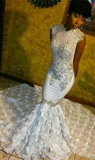 Beaded Lace Appliques White Prom Dresses | Mermaid Flowers Sleeveless Sparkle Evening Gown