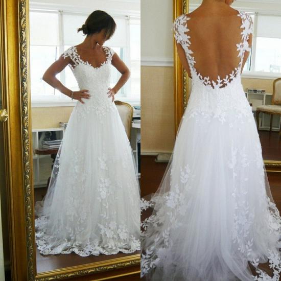 Lace Wedding Dresses 2022 Straps Cap Sleeve Appliques A Line Sweep Train White Cheap Open Back Bridal Gowns_2