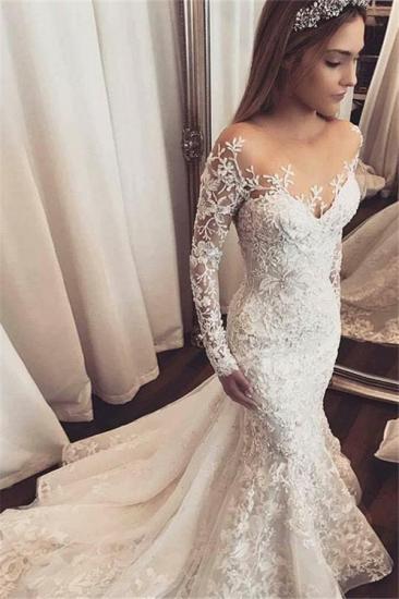 Elegant Long Sleeves Mermaid Wedding Dresses 2022 | Sheer Tulle Lace Bridal Gowns with Buttons
