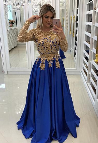 Modern Royal Blue & Gold Lace Evening Dress | Long Sleeve Party Gown