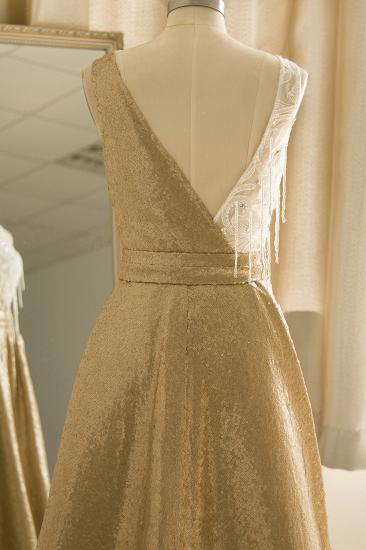 Sparkle Gold One shoulder Lace Sequined Prom Dress with Belt_7