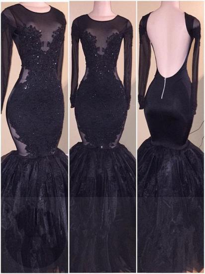 Elegant Tulle Mermaid Long-Sleeves Backless Appliques Prom Dress
