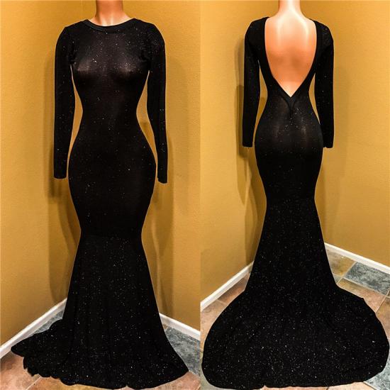 Open Back Black Long Sleeve Prom Dress 2022 | Sequins Sheath Evening Dress with Long Train_3
