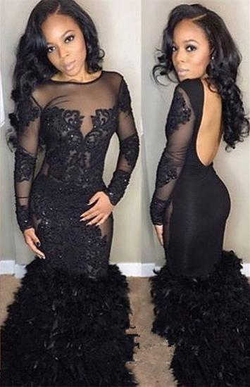Sexy Black Mermaid Prom Dress | Long Sleeve Lace Evening Gowns