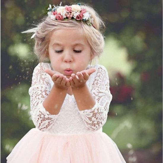 Cute Long Sleeves White and Pink V-back Flower Girl Dresses | Jewel Tea Length Lace Tulle Little Girls Peagant Dress_2