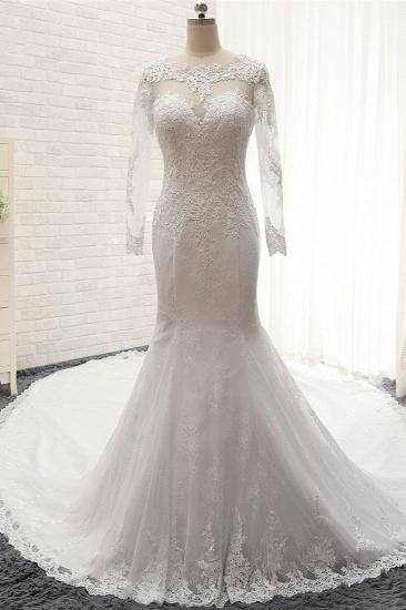 TsClothzone Stunning Jewel Long Sleeves Tulle Lace Wedding Dress Mermaid Jewel Appliques Bridal Gowns On Sale_1