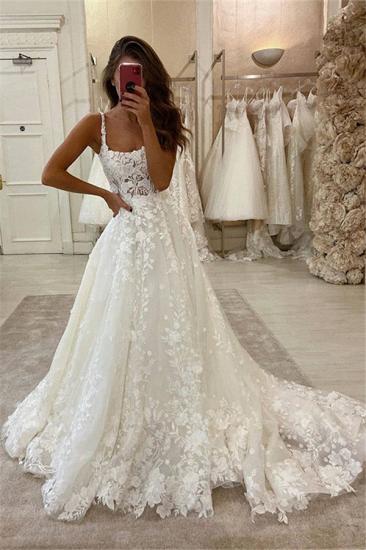 Glamorous Lace Appliques Spaghetti A-line Bridal Gowns Sweep Train Wedding Dress