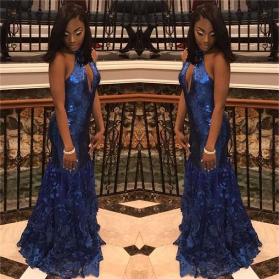 2022 Royal Blue Halter Mermaid Sequins Prom Dresses Lace Sleeveless Evening Gowns with Keyhole_3