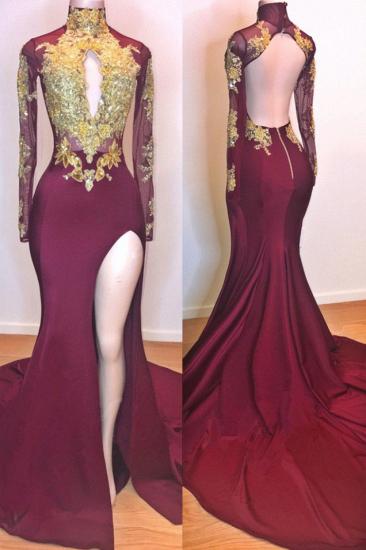 Popular Gold Lace Appliques Sexy Slit Prom Dresses 2022 | Long Sleeve Burgundy Backless Evening Gowns Cheap