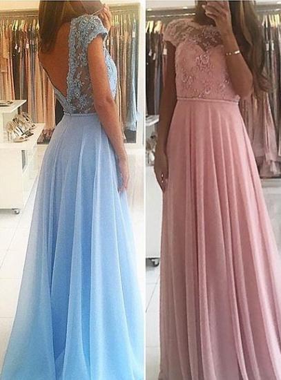 Chiffon Lace Appliques Prom Dresses 2022 Floor Length Chic A-line Short Sleeves Evening Dress_3