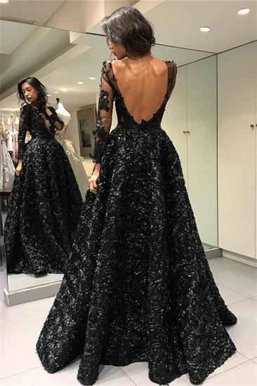Glamorous Black Elegant Long Sleeves Evening Dresses Online | 3D Flowers Sexy Open Back Prom Dresses_4