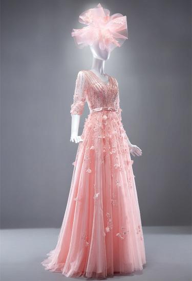 Niedliches rosafarbenes Blumen-Abendkleid mit halben Ärmeln und Perlenstickereien mit V-Ausschnitt und Bowknot-Tüll-Abendkleidern_5