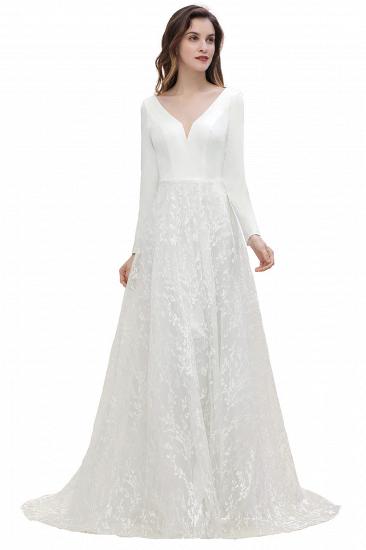 Elegantes weißes Spitzen-Hochzeitskleid mit V-Ausschnitt Boho Langarm-Applikationen Brautkleider_1