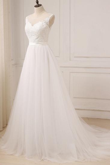 Glamouröses ärmelloses Juwelen-Hochzeitskleid aus Tüll | Weiße Brautkleider in A-Linie mit Applikationen_4