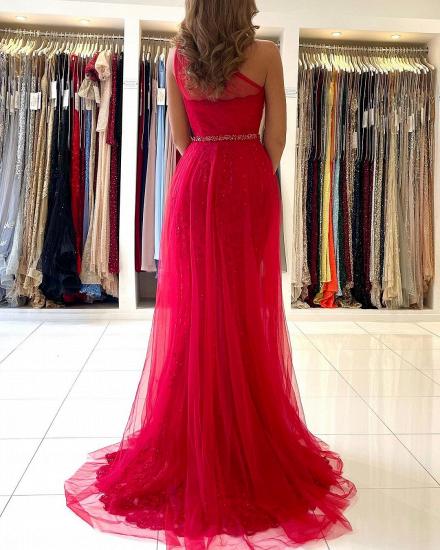 Charming One Shoulder Tulle Evening Prom Dress with detacable train side slit_2